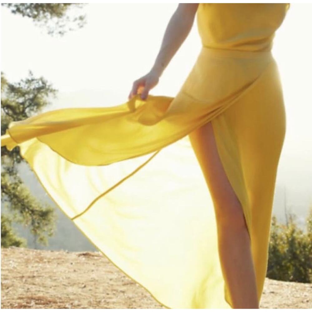 Nation LTD Womens Giorgia Midi Maxi Skirt XS Yellow Silky Faux Wrap Pull On